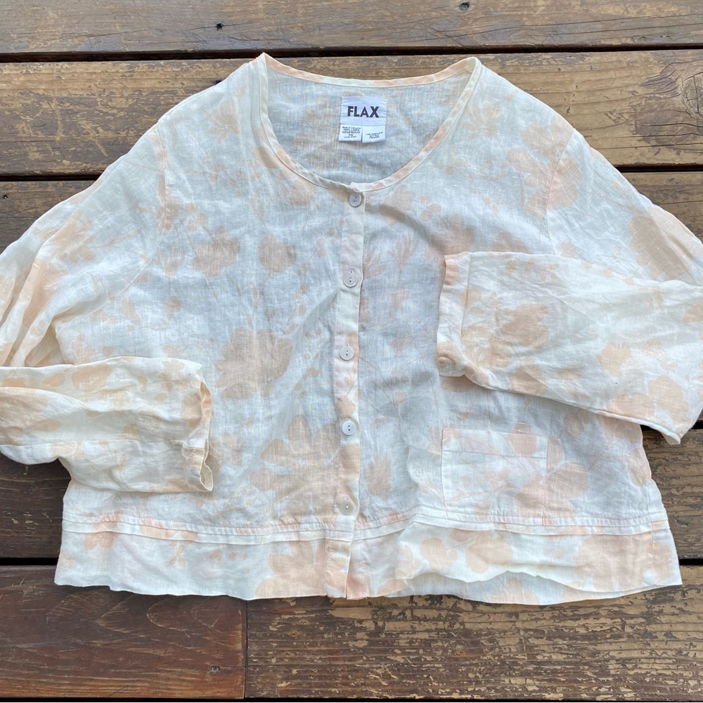 Flax linen peach floral print button front boxy top